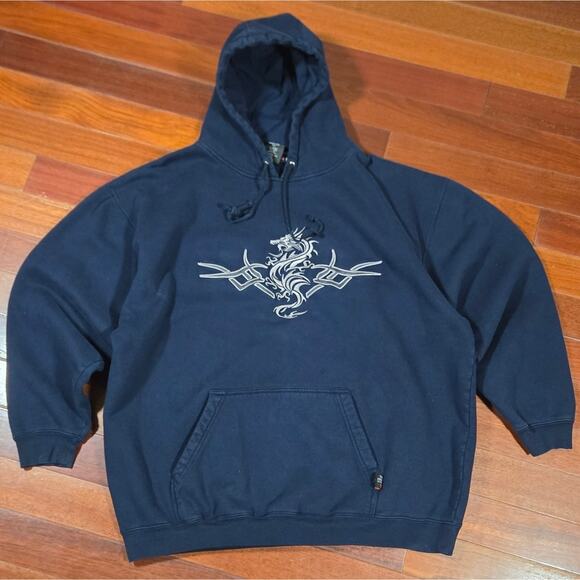 Vintage Y2K Top Heavy Embroidered Tribal Dragon Hoodie Mens Medium - Picture 1 of 11